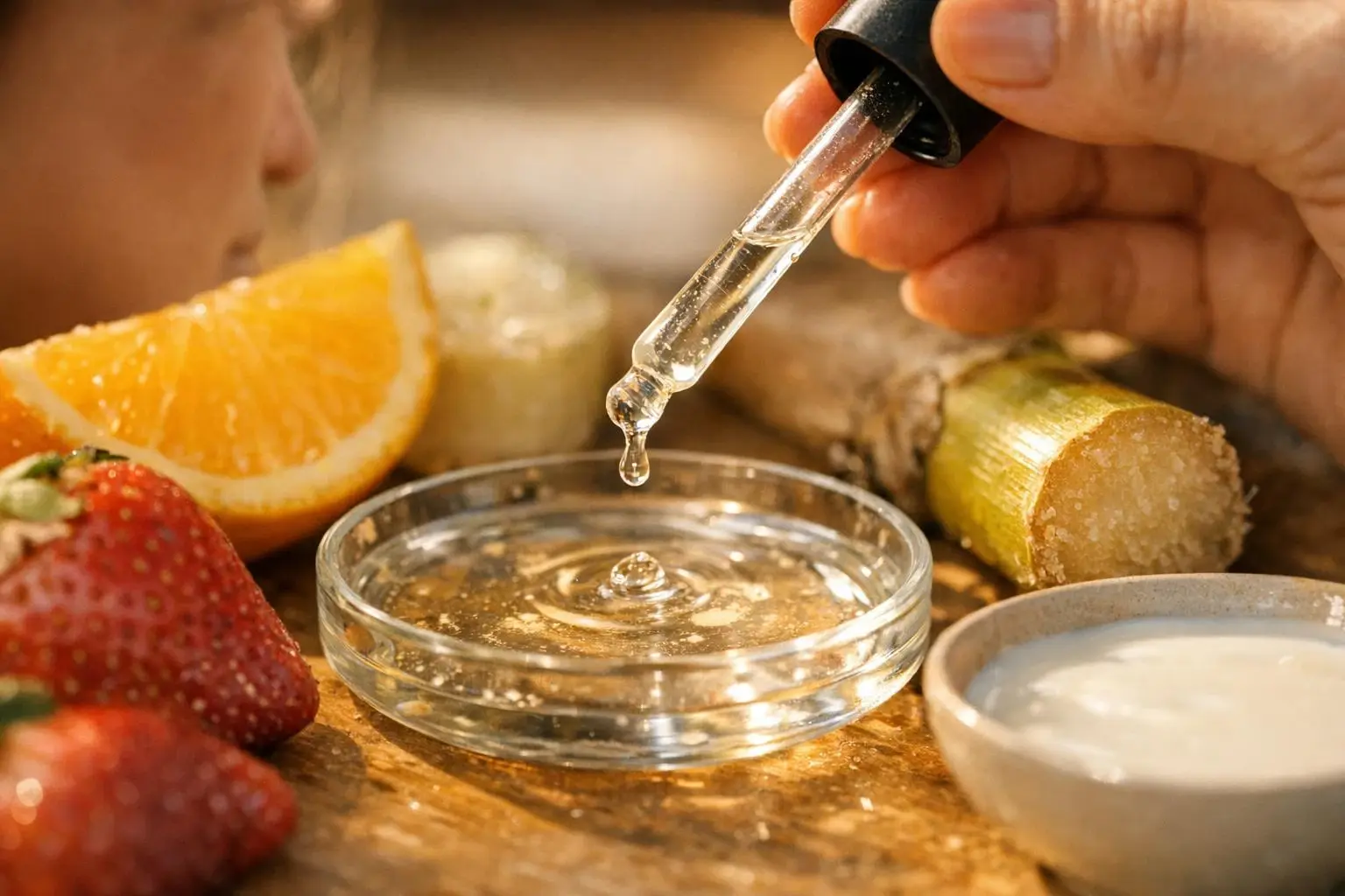 AHAs in Beauty Salon: AHAs are a group of water-soluble acids derived from fruits, milk. Or—visual guide