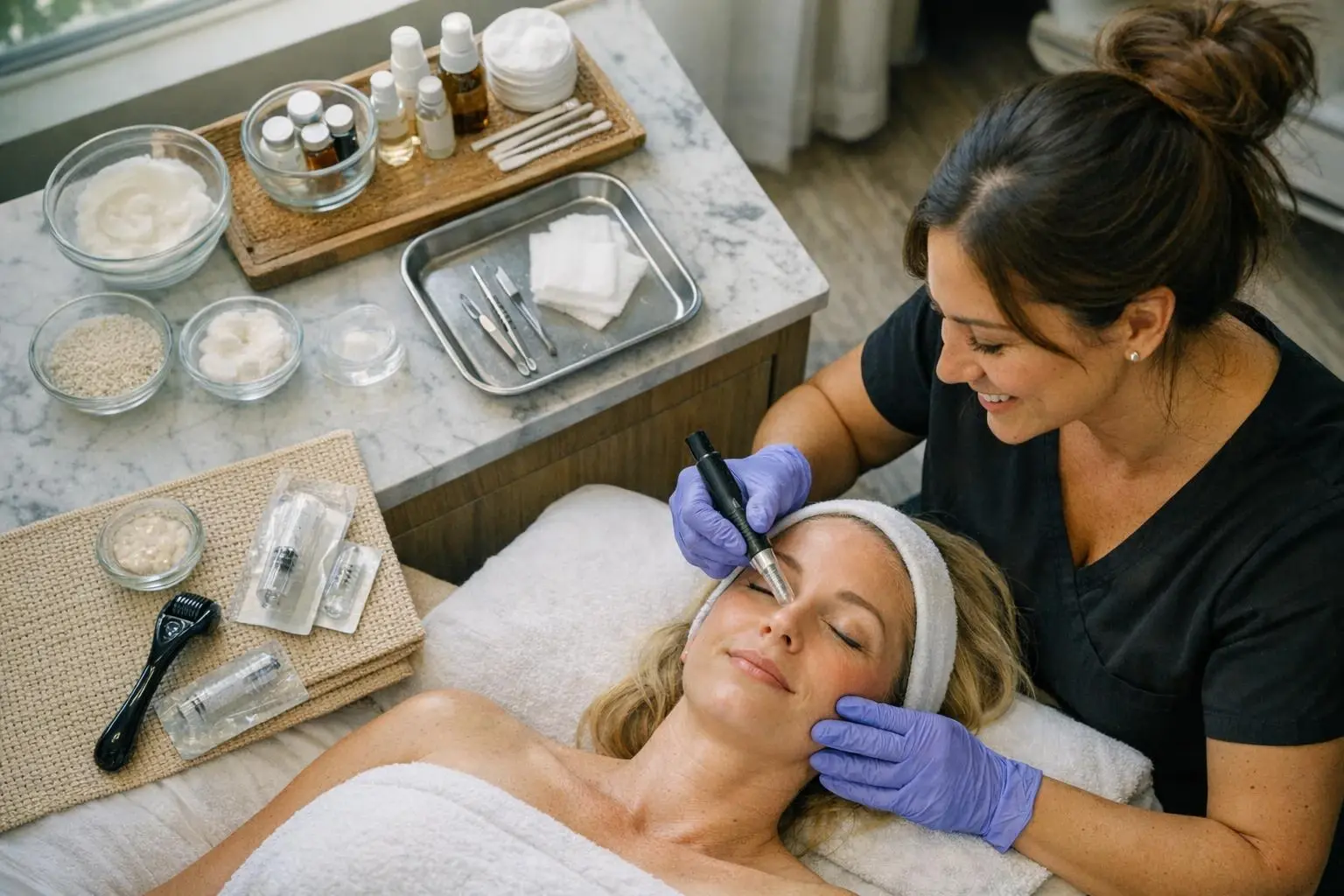 Microneedling in Beauty Salon: Microneedling is a minimally invasive cosmetic procedure that uses fine needles to—visual g...